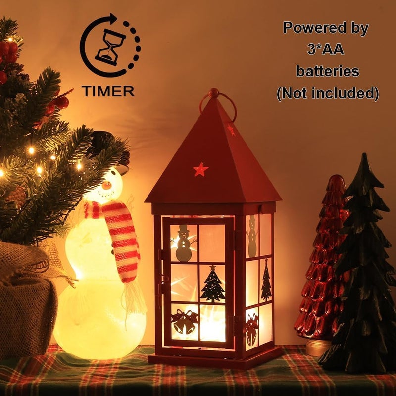NEEDOMO Christmas Decorations for Home, 15'' Decorative Christmas Lantern Indoor Outdoor Decor, Metal Hanging Candle Holder with Xmas Snowman Bells and LED String for Table Centerpieces, Patio (Red) - Image 2